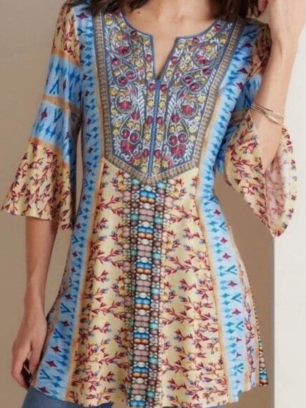 SOFT SURROUNDINGS Top M Mix Print Embroidered Peasant Bell Sleeve Boho Tunic